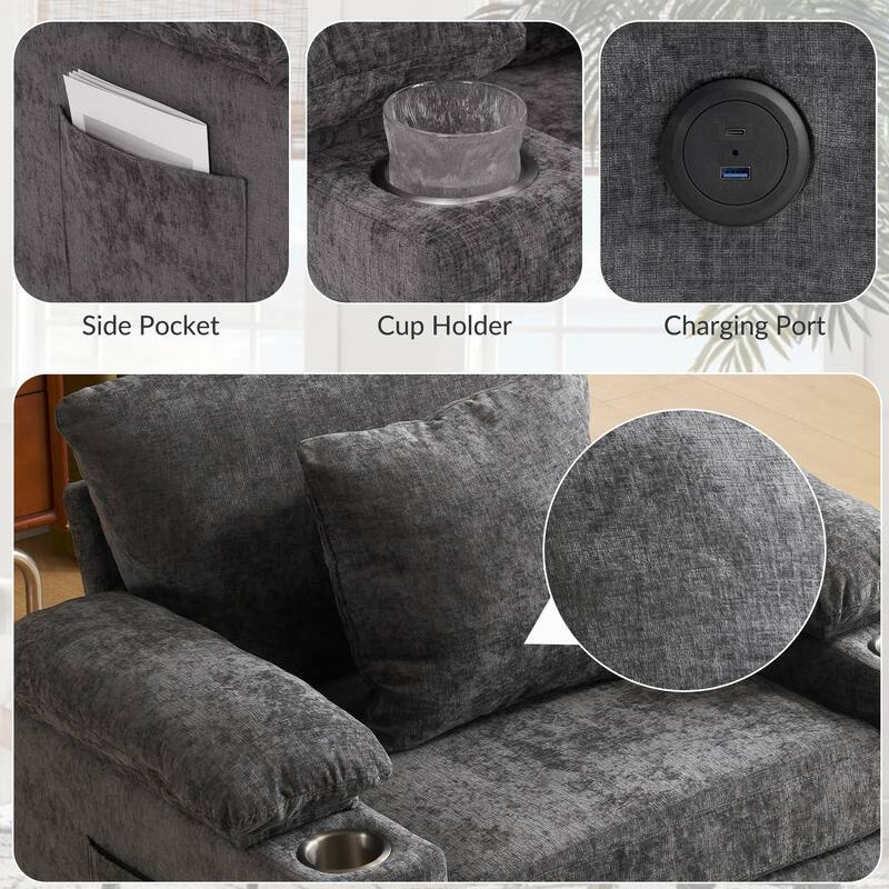 Modern Chenille Fabric Sofa Bed with Cupholders and USB Charging Ports
