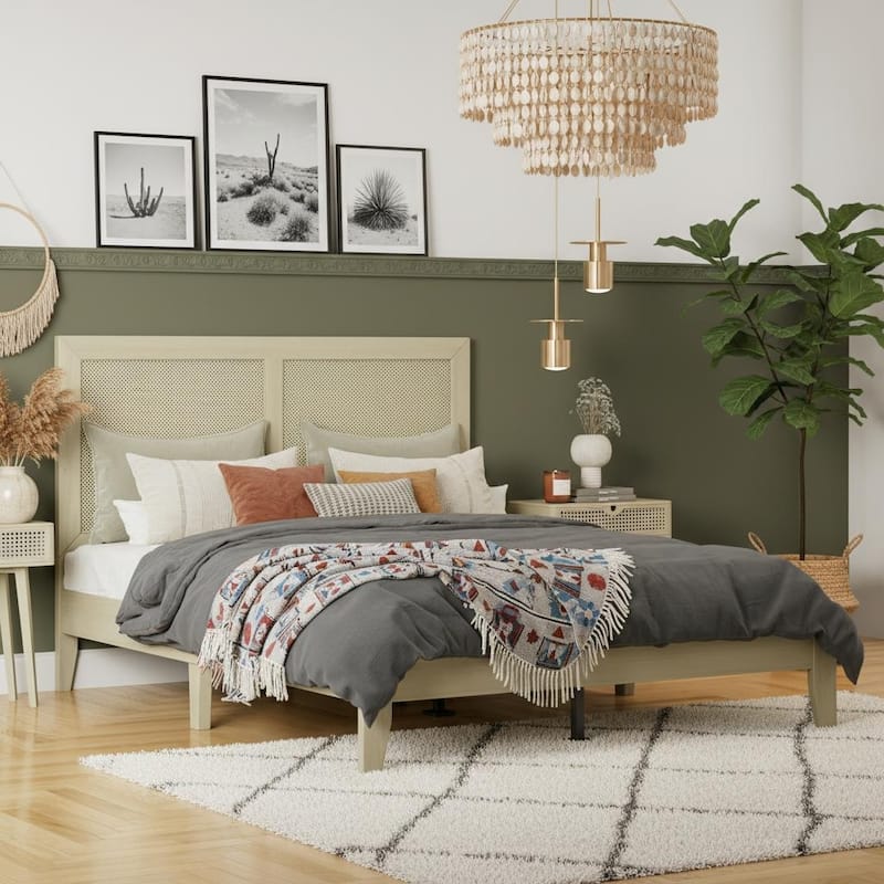 Solid Wood Platform Bed with Handwoven Rattan Headboard by Christopher Knight Home - Queen