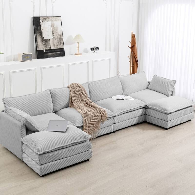 Oversized Modular Corduroy Sectional Sofa Set with Ottoman, 3-Seater / 4-Seater Deep Seat Lounge Couch for Living Room