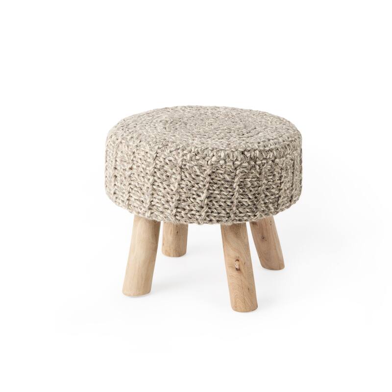Bina Wool With Brown Wood Legs Stool - Small - 19.0L x 19.0W x 15.0H - Beige