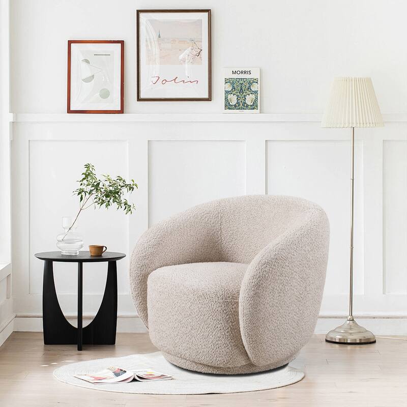2-Piece Swivel Boucle Accent Chair Barrel Chair with Curved Back and Solid Wood Frame, Single Lounge Sofa Chair - Beige