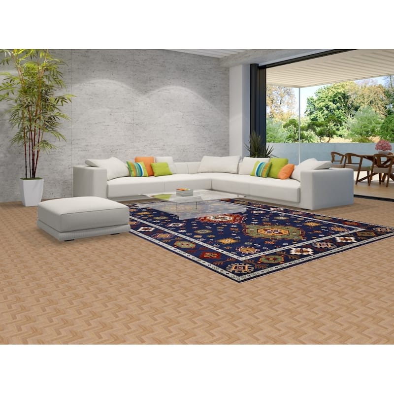 Navy Blue Geometric Kazak Oriental Area Rug Handmade Wool Carpet - 8'8" x 11'11"