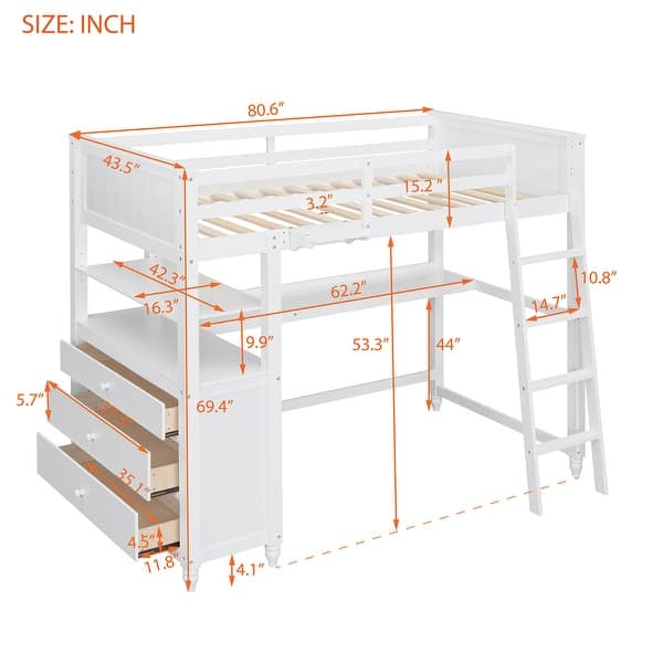 dimension image slide 1 of 3, Twin Size Loft Bed Kids Bed Frame Wooden Storage Bed with Desk, Shelves, Pull-out Drawers, Ladder and Guardrail