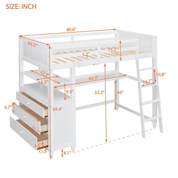 Twin size Loft Bed with Drawers, Built-in Desk and Shelves, White