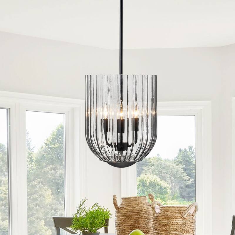 3-Light Midcentury Gradient Striped Wineglass-shape Pendant - 11.0 in - Black