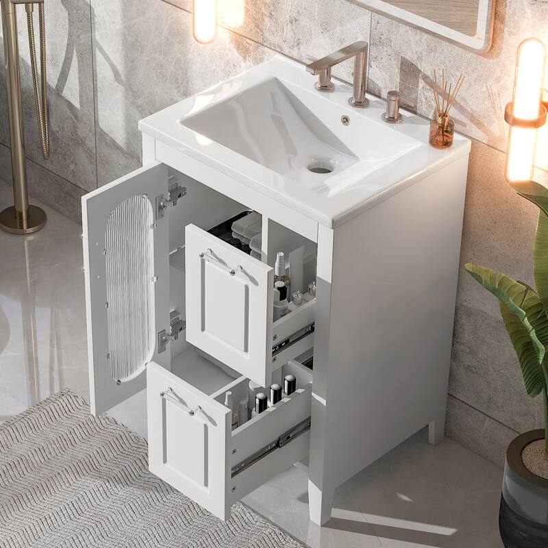 Roomfitters 24" Bathroom Vanity with Sink, Solid Wood Frame & Moru Glass Door, 2 Drawers & Adjustable Shelf