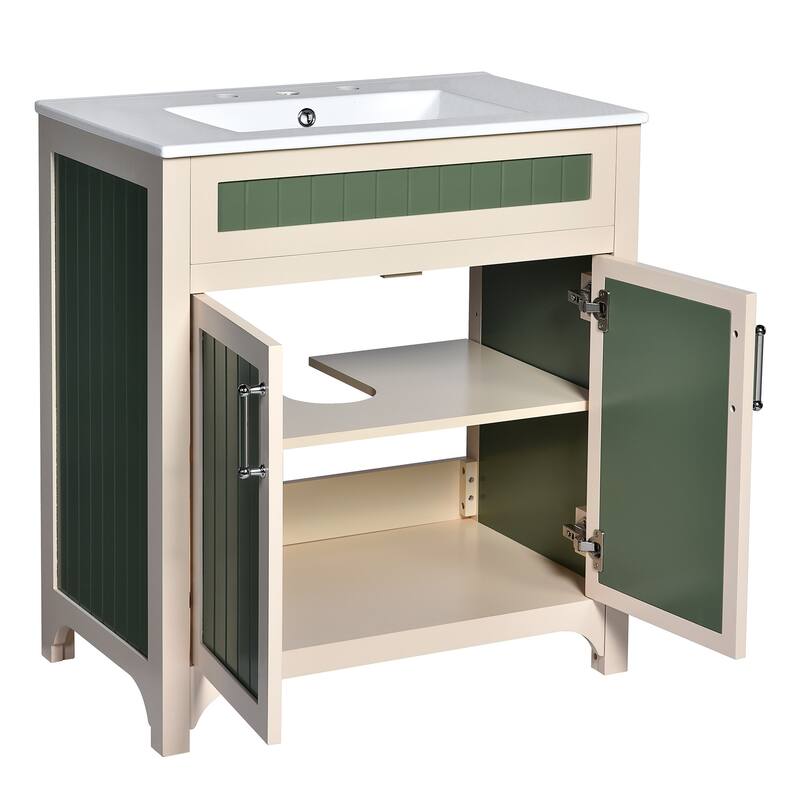30 Inch Single Sink Freestanding Bathroom Vanity in Green with White Ceramic Top