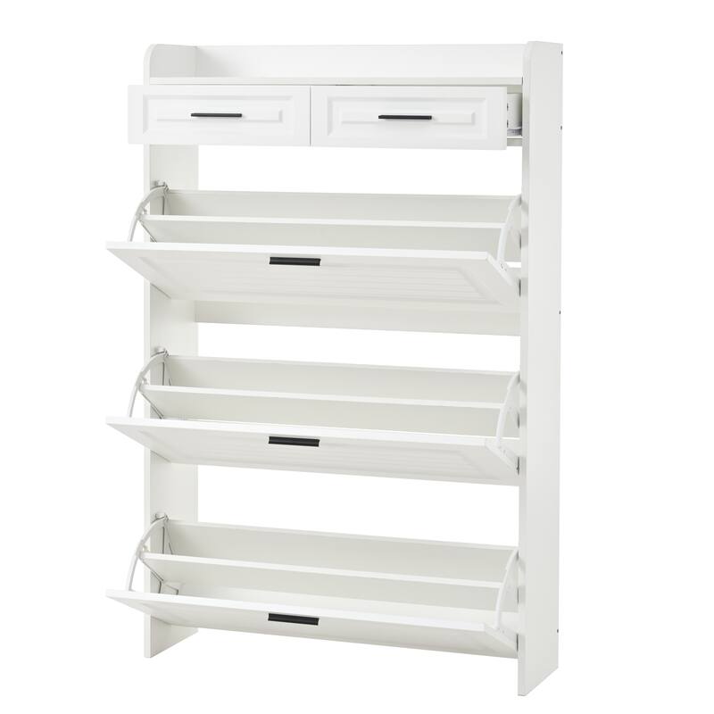 Shoe Cabinet with 3 Flip Drawers & 2 Drawers, Hidden Slim Shoe Rack Cabinet, Wood Entryway Narrow Shoe Storage Cabinet - White