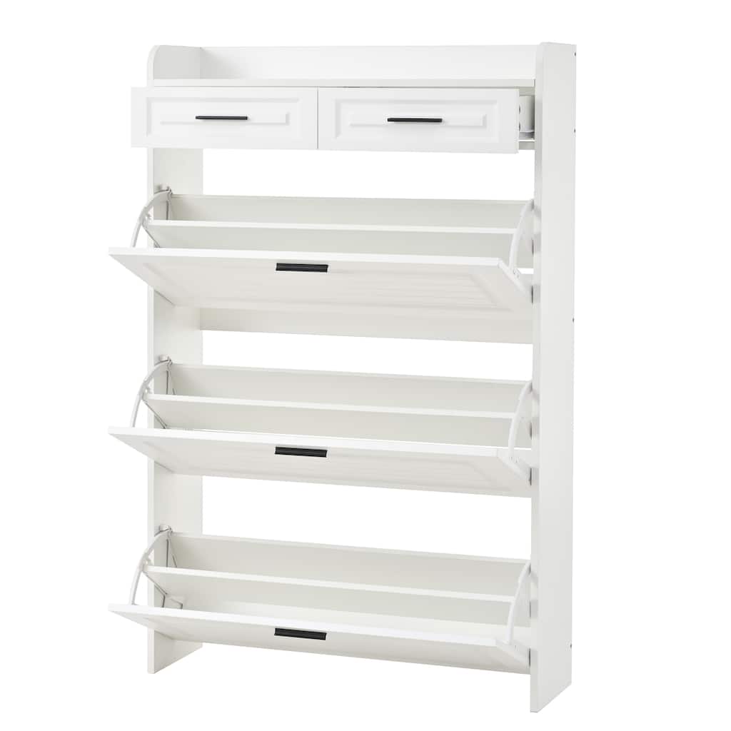 Shoe Cabinet with 3 Flip Drawers & 2 Drawers, Hidden Slim Shoe Rack Cabinet, Wood Entryway Narrow Shoe Storage Cabinet