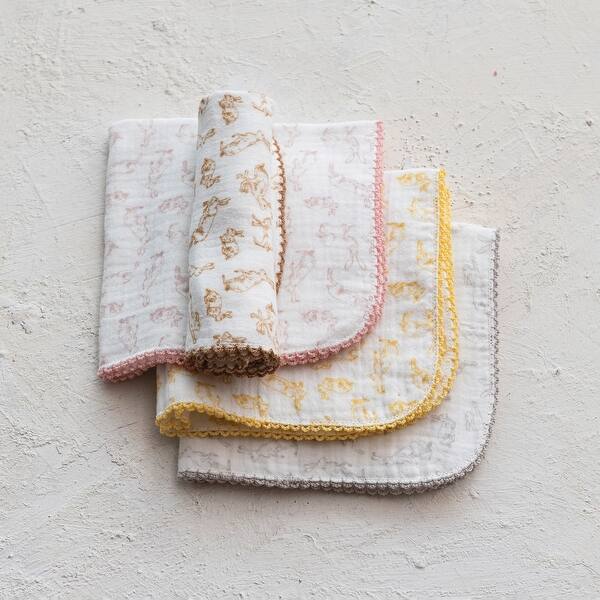 slide 2 of 2, Cotton Burp Cloth with Rabbit Print, Set of 4 - 11.8"L x 11.8"W x 0.1"H Multi - 11.8"L x 11.8"W x 0.1"H