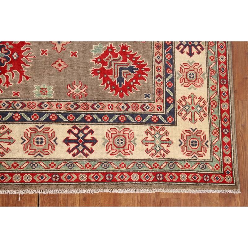 Brown Geometric Kazak Oriental Square Rug Hand-Knotted Wool Carpet - 6'8" x 6'5"