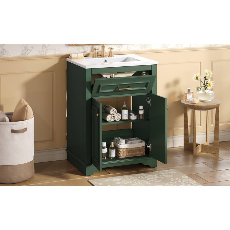 24" Bathroom Vanity with Integrated Ceramic Sink, Bathroom Cabinet with 2 Doors, 1 Tip-Out Drawer
