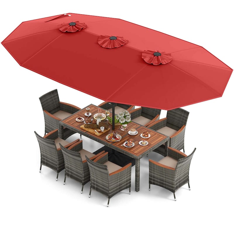10 PCS Patio Wicker Dining Set Outdoor Furniture Set w/ Umbrella - Red