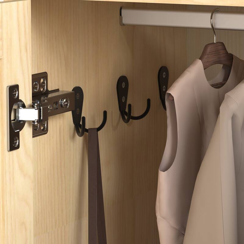 4 Doors Wardrobe Closet with Mirror, LED Wardrobe with Doors and 2 Drawers, Wooden Wardrobe Storage Cabinet with Hanging Rod
