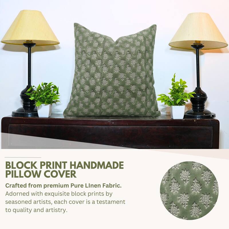 Linen Bohemian Block print pillow Cover Jasmine