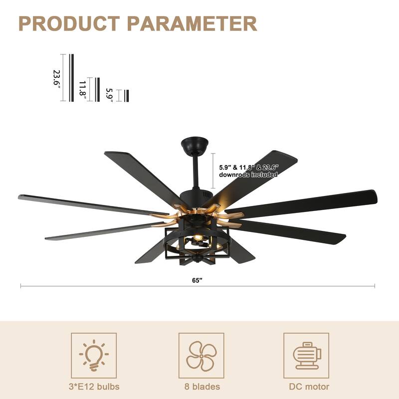 Bella Depot 65" Industrial Large Ceiling Fan 6-Speed 8-blades Reversible Fan with Light and Remote