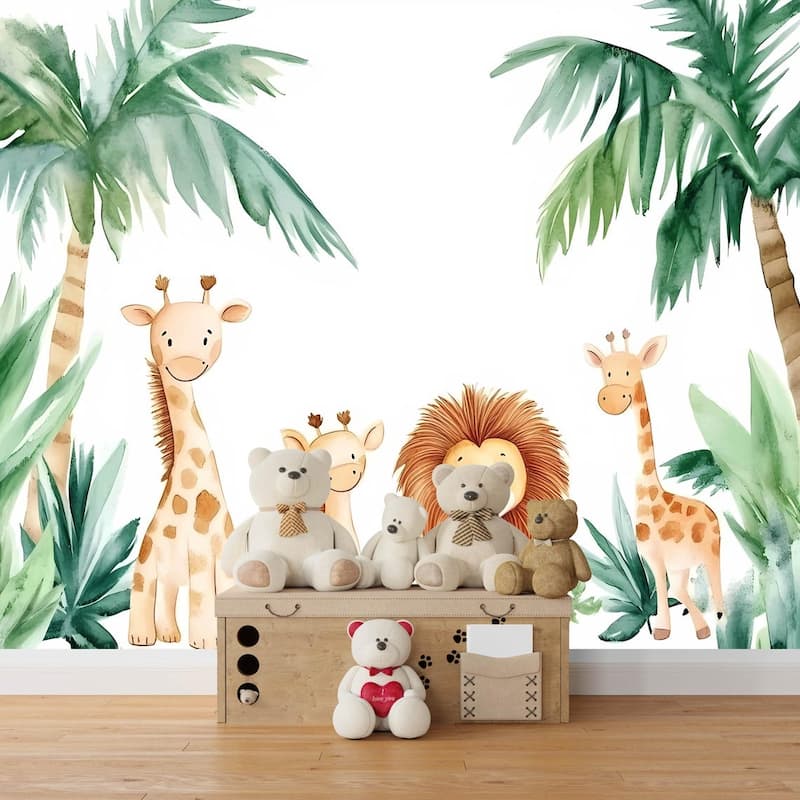 Jungle Nursery Wallpaper / Cartoon Safari Animal Wall Mural