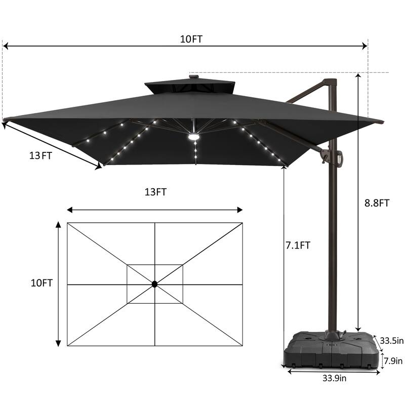 Pellebant Outdoor 10x13FT Patio Cantilever Umbrella Dual Top Lar Lighted with Wheel Base