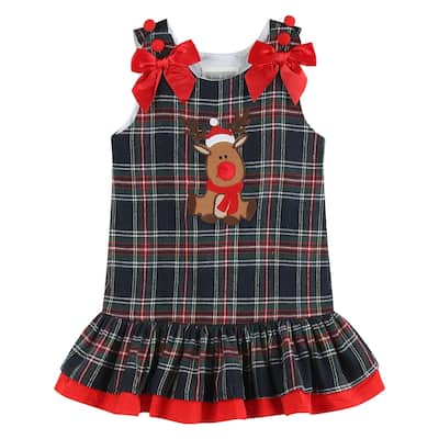 Lil Cactus Navy and Red Plaid Reindeer Ruffle Dress