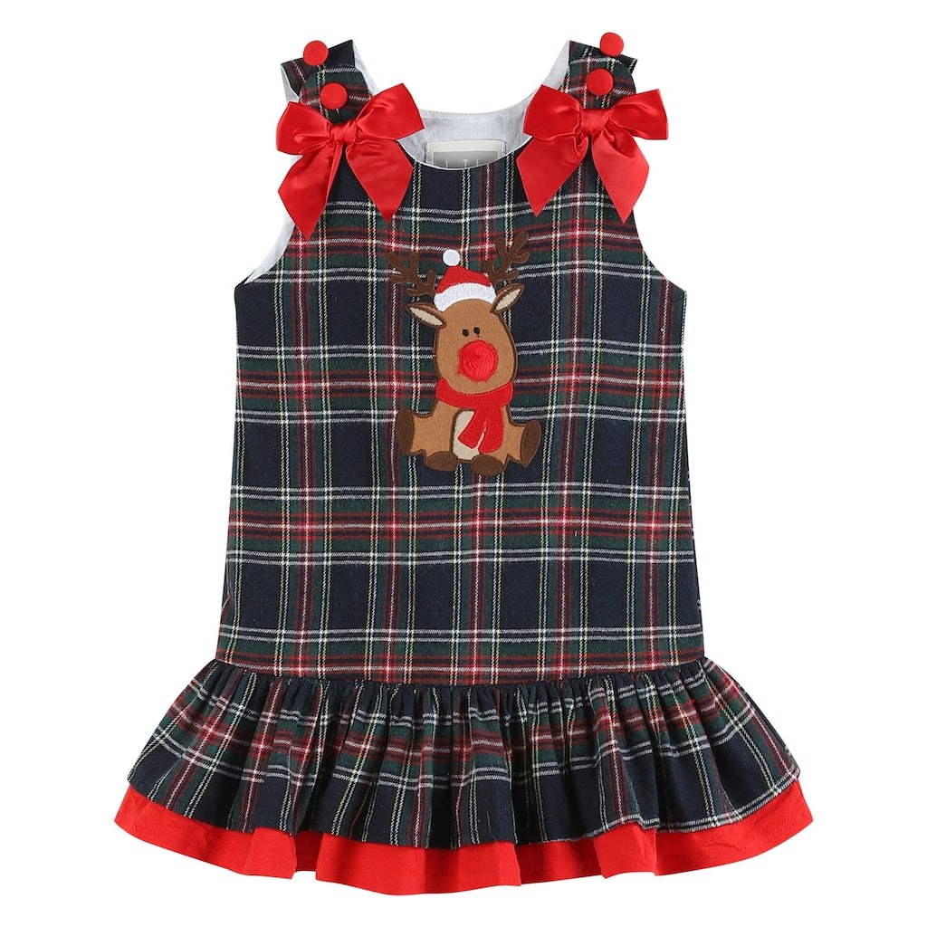 Lil Cactus Navy and Red Plaid Reindeer Ruffle Dress