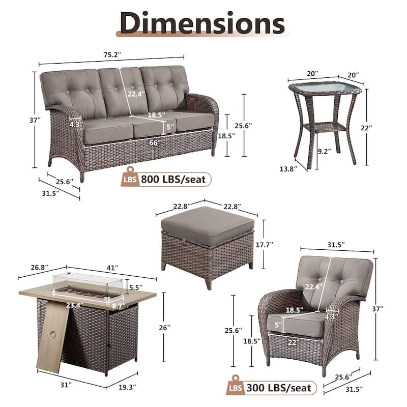 TWrap 7-Piece Wicker Patio Fire Pit Conversation Set with 3-Seat Sofa & Armchairs