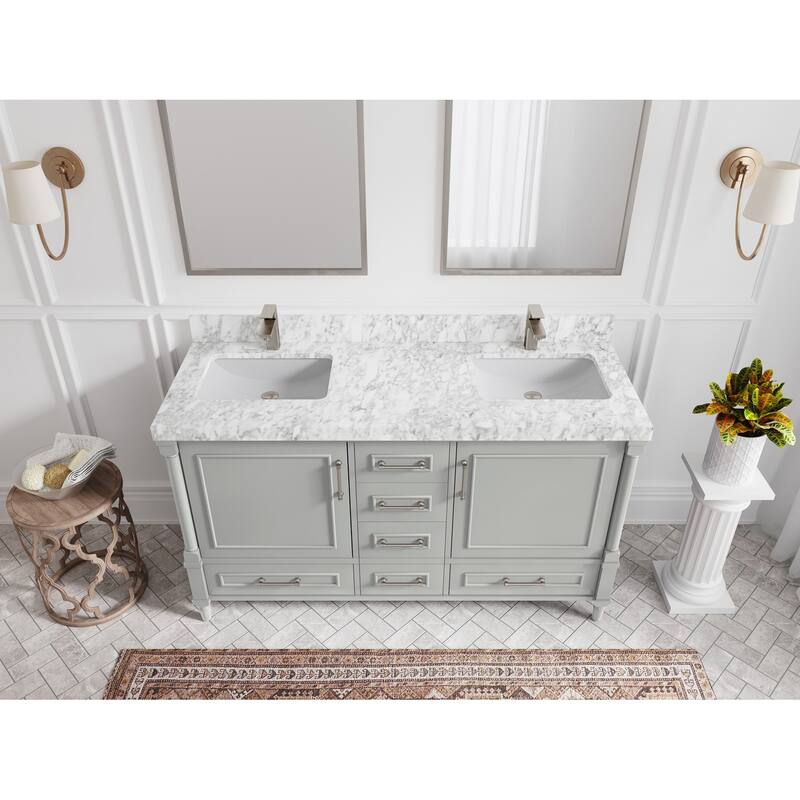 Willow Collections 60 in. W x 22 in. D Aberdeen Double Sink Bathroom Vanity with Countertop - 2" Carrara Marble - Coventry Gray