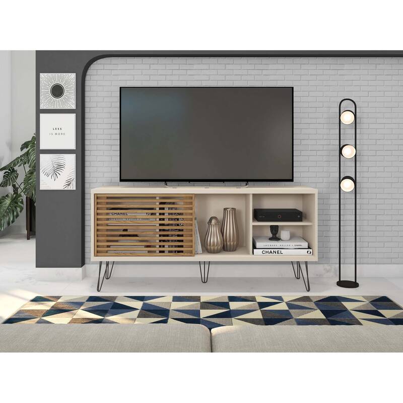 Lider Design Modern TV Stand 54in Wide with Sliding Door for TVs up to 55in Entertainment Center TV Console with 5 Shelves - Off White