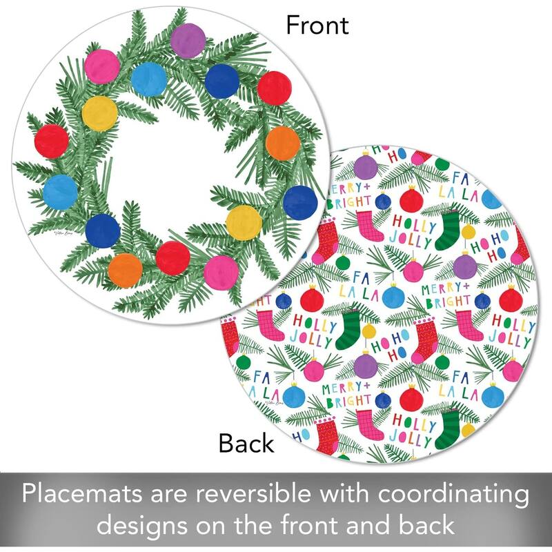 Colorful Christmas Reversible Round Easy Care Flexible Plastic Placemat 4 Pack Made in The USA