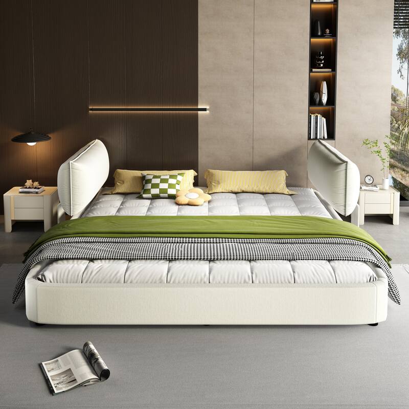 King Size Chenille Cloud Bed Frame, Upholstered Grounding Platform Bed with Oversized Padded Movable Headboard and Round Corner