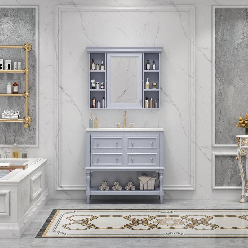 36 inch MDF Freestanding Bathroom Vanity Set with Integrated Resin Sink with Mirror cabinet