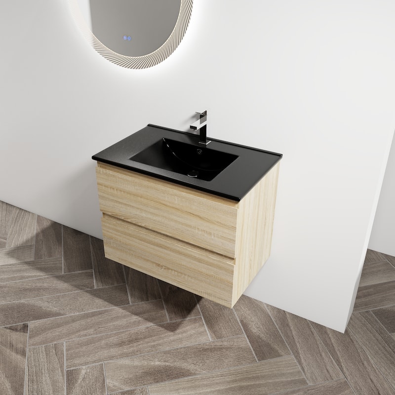 30" Wall-Mounted Bathroom Vanity With Black Ceramic Sink, 2-Soft Close Drawers