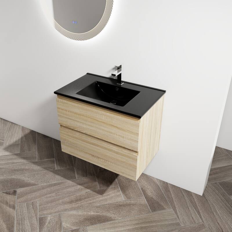Modern 24" Floating Bathroom Vanity with Black Ceramic Basin, Soft-Close Drawers, Water-Resistant Melamine Surface