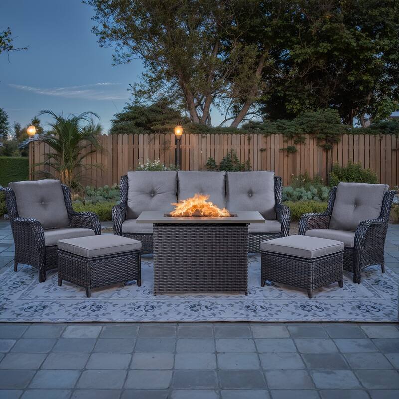 Patio Sofa with 2 Club Chair Fire Pit Table - Brown - Grey - Brown