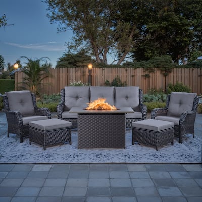 Patio Sofa with 2 Club Chair Fire Pit Table - Brown
