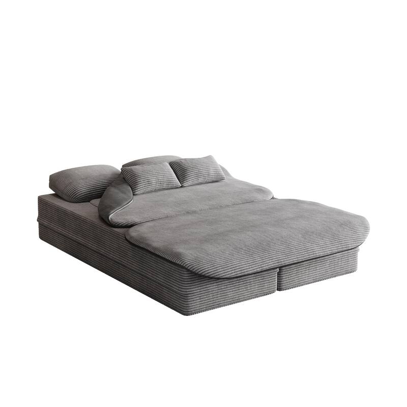 2-in-1 Floor Sleeper Sofa Bed Corduroy Foldable Sofa with Functional Blanket and Pillows for Living Room Bedroom Studio