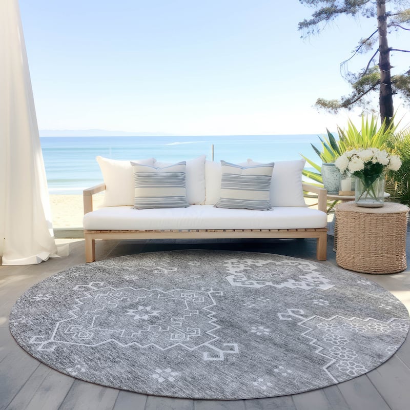 Machine Washable Indoor/ Outdoor Chantille Traditional Boho Rug - Gray - 8' x 8'
