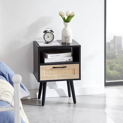 Modern Rattan End Table with Drawer and Solid Wood Legs