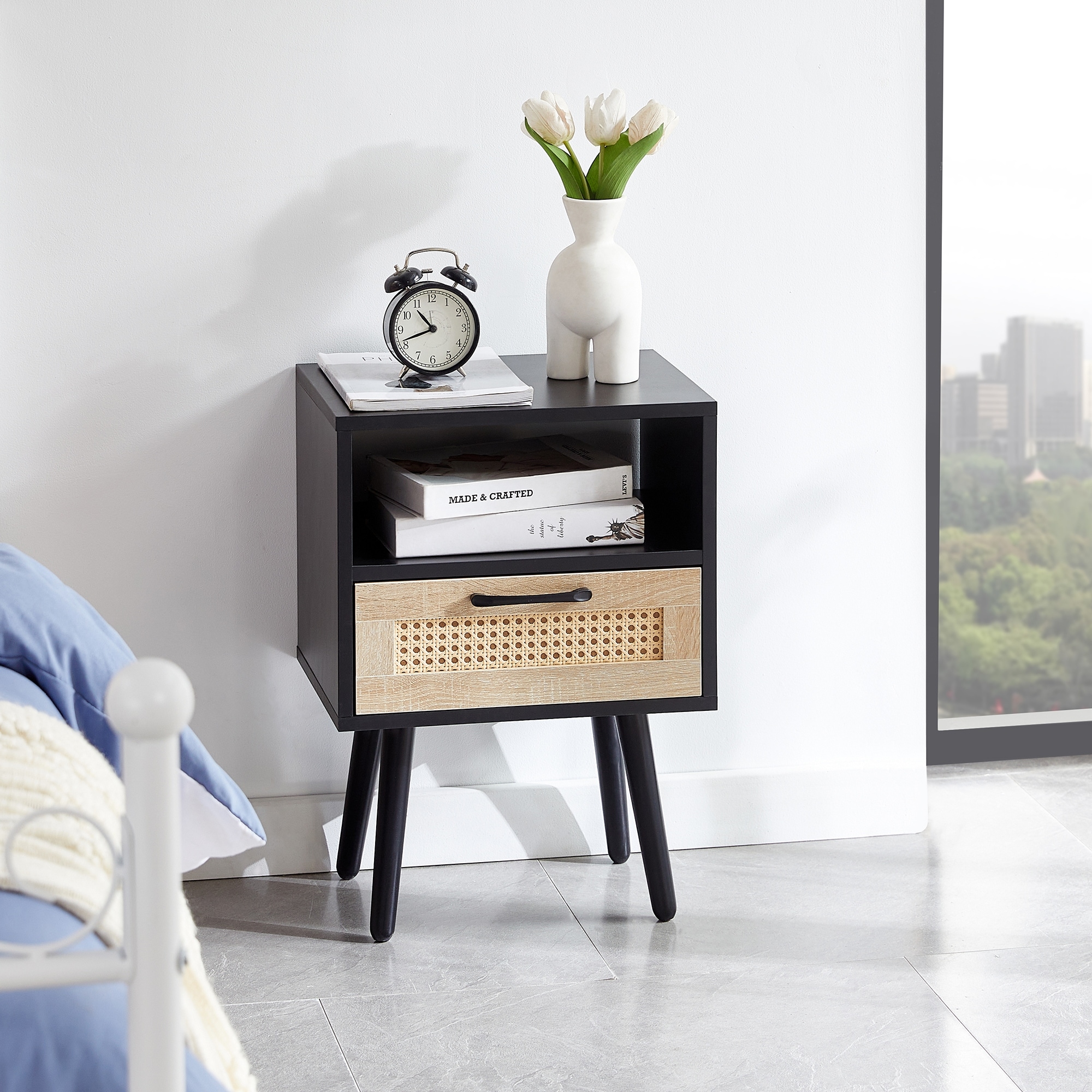 Modern Rattan End Table with Drawer and Solid Wood Legs