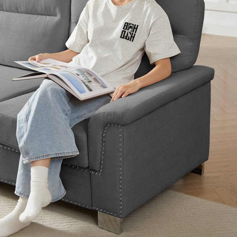 84.2" Modern Snowfleece Fabric 3-Seater Sofa with Nailhead Trim