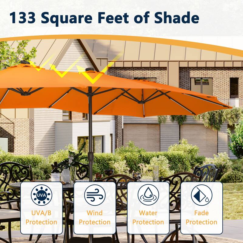 Clihome 15Ft Outdoor Solar Lights Rectangular Crank Market Umbrella, with Base