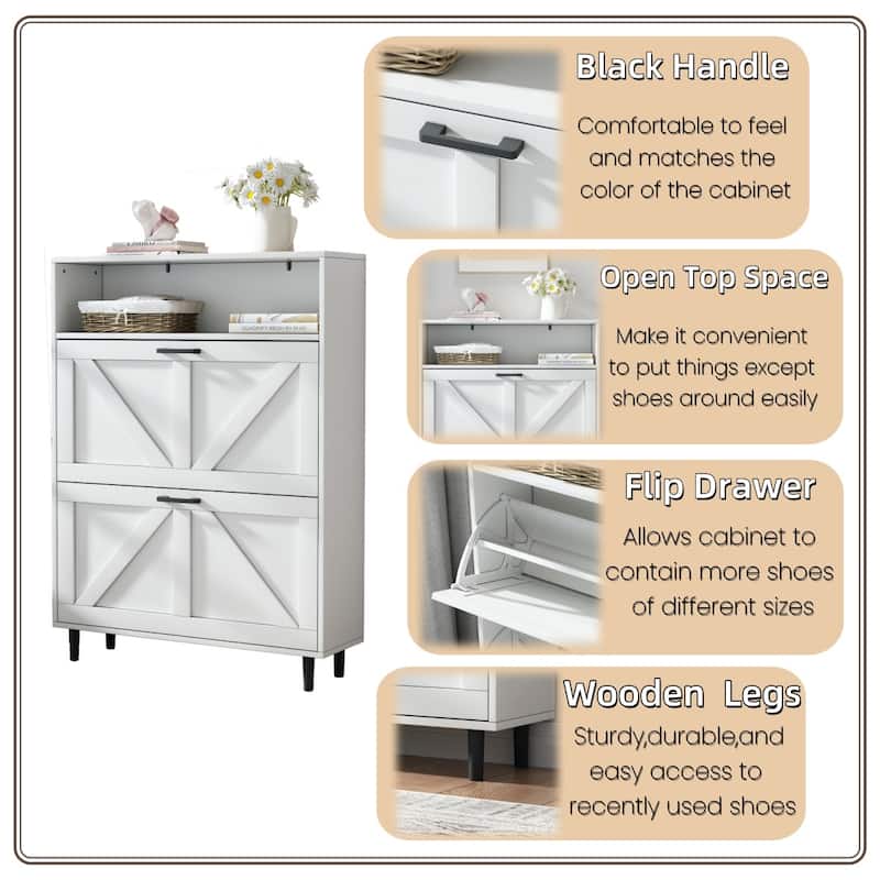 Farmhouse Shoe Storage Cabinet with Barn Door Design, Shoe Organizer with 2 Flip Drawers - Antique White