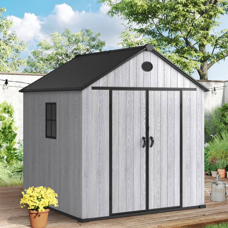 8ft Outdoor Plastic Storage Shed With Floor, 435 Cuft Waterproof Garden Shed With Lockable Door, Plastic Tool Storage