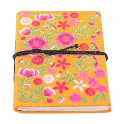 Novica Handmade Saffron Of Blossoms Rayon Embroidered Journal