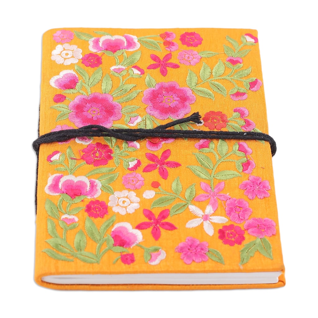Novica Handmade Saffron Of Blossoms Rayon Embroidered Journal
