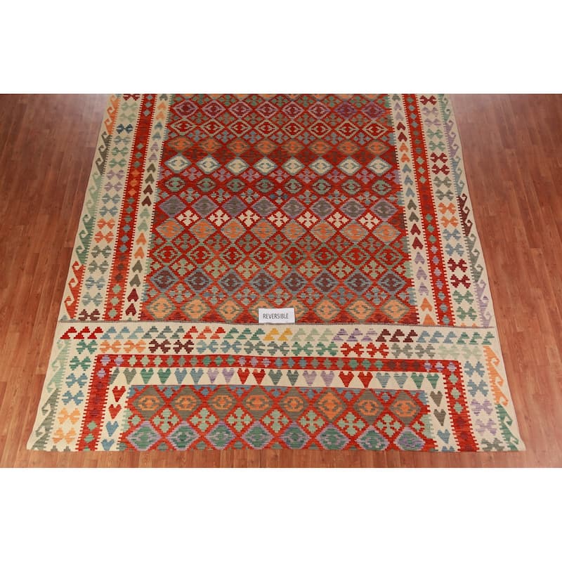 Geometric Kilim Oriental Large Rug Flatweave Tribal Wool Carpet - 10'2"x 16'0"