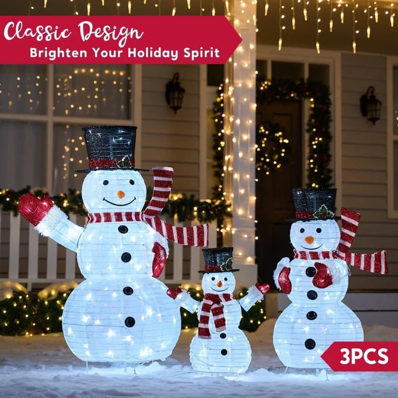 Joyfy 3Pcs 3D Christmas Collapsible Snowman Light with 270 White LED Lights