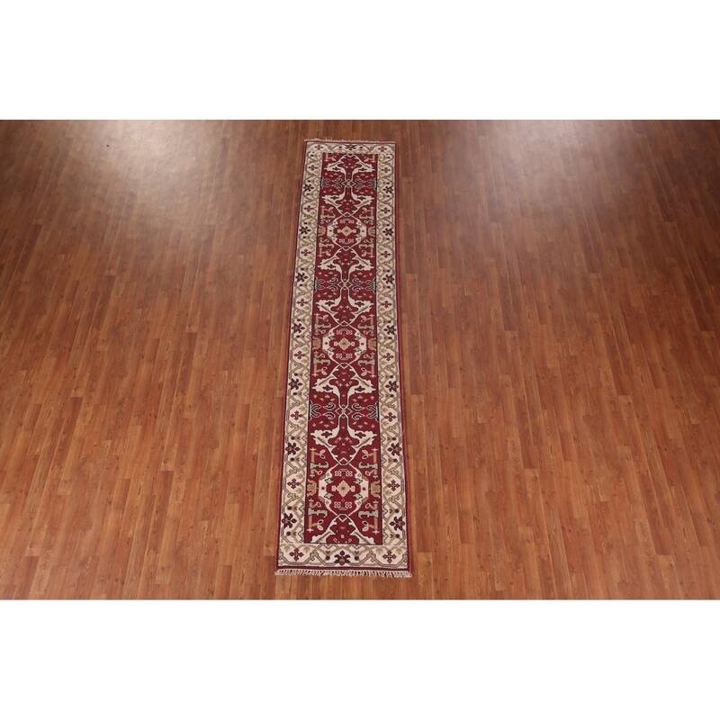 Red & Ivory Oushak Oriental Runner Rug Handmade Floral Wool Carpet - 2'7"x 11'5"