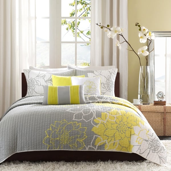 slide 2 of 19, Madison Park Brianna 6 Piece Printed Cotton Quilt Set with Throw Pillows Grey/Yellow - Full - Queen