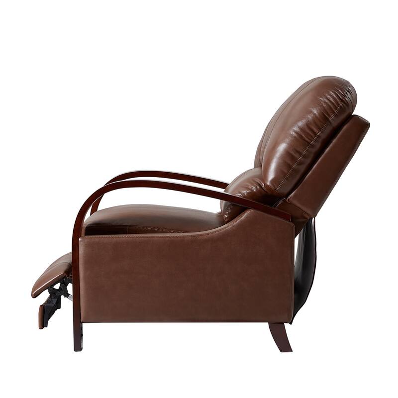 Alex Mid-century Modern Genuine Leather Manual Recliner with Wooden Curved Arms