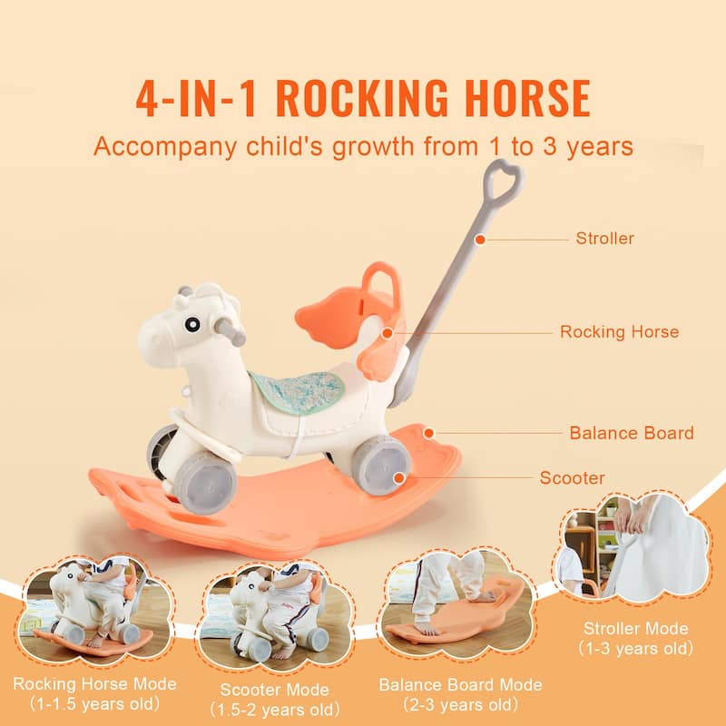 4 in 1 Rocking Horse for Toddlers with Wheels Push Handle and Sound - 34.64 x 15.35 x 26.37 inch